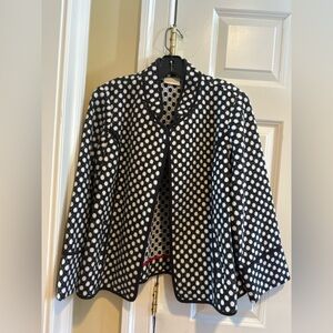 Chico’s Black & White Dot Knit Jacket • Size 1 (8–10) • Red Trim Detail
